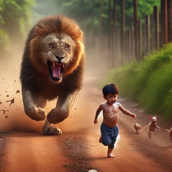 little boy running away from giant scary lion