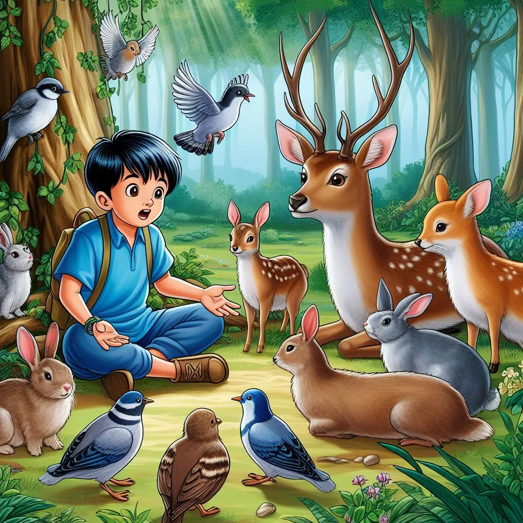 a boy sitting in the forest surrounded by animals talking to them