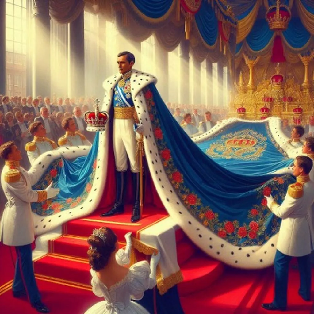 President of coronation hold crown trying on a big train pages in white gown in blue giant silk coronation robes