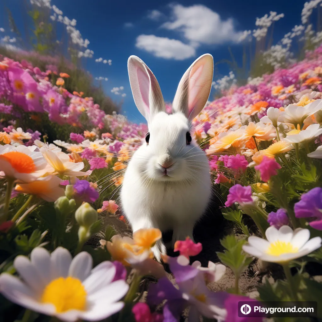 a rabbit sitting in a field of flowers