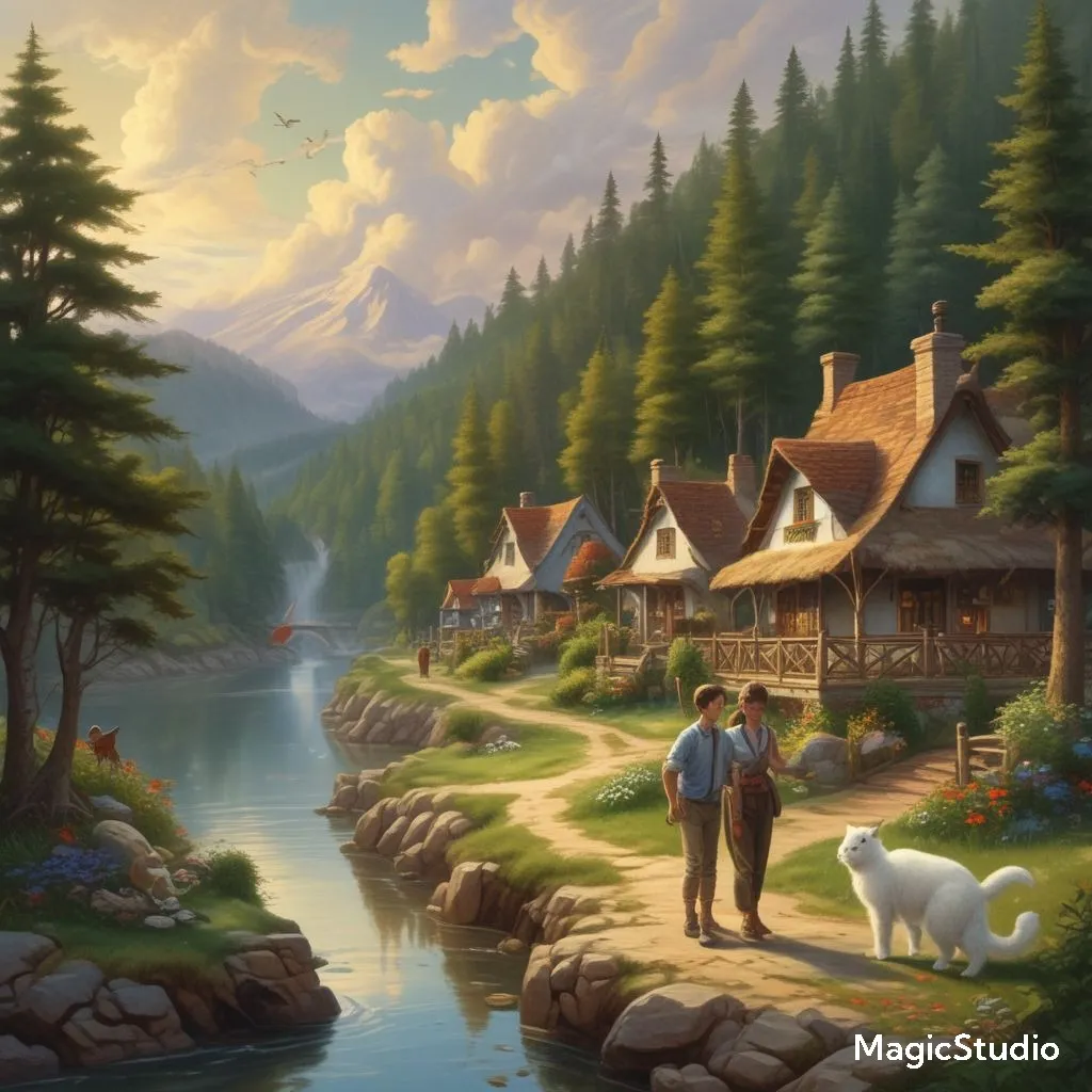 a painting of a man, woman and a cat by a river zoom out