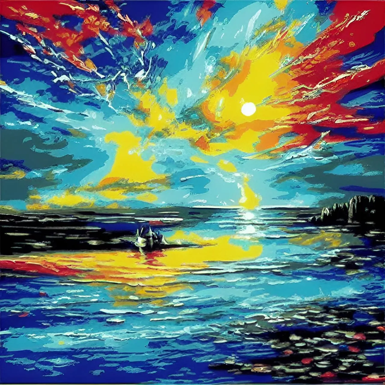 a painting of a sunset over a body of wate