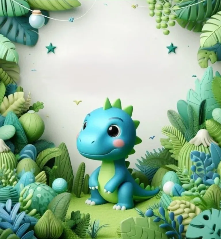 a blue and green dinosaur surrounded by plants