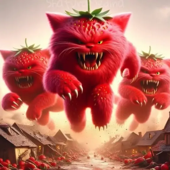 a group of cats with strawberries on their heads