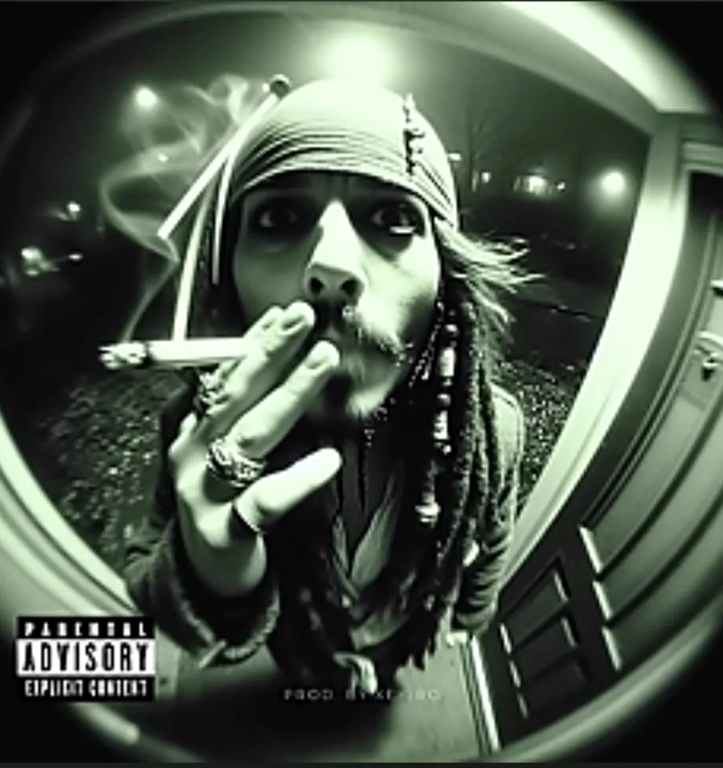 Captain jack sparrow smoking a cigarette from the point of view looking through a door's peephole 