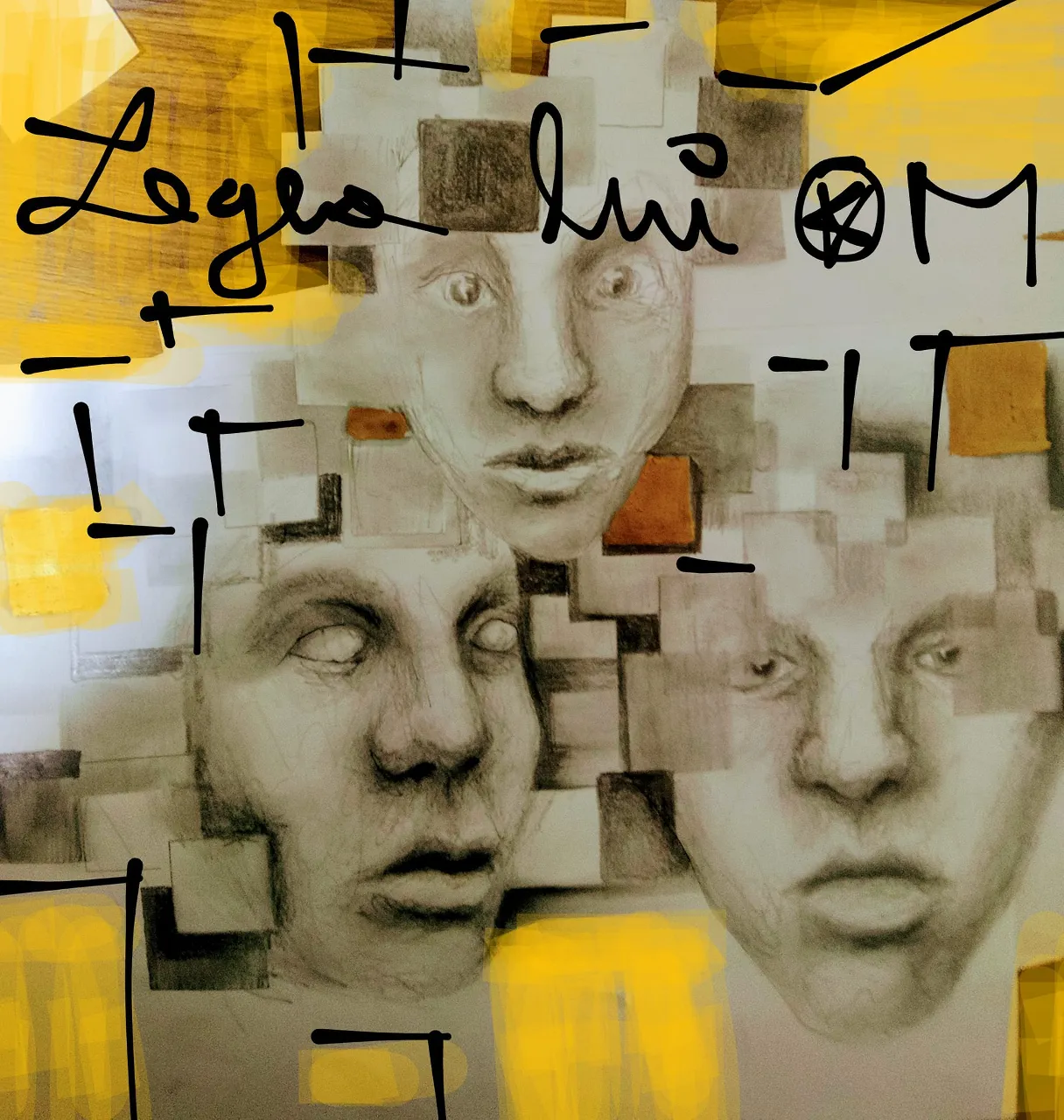 a painting of three faces with words above them