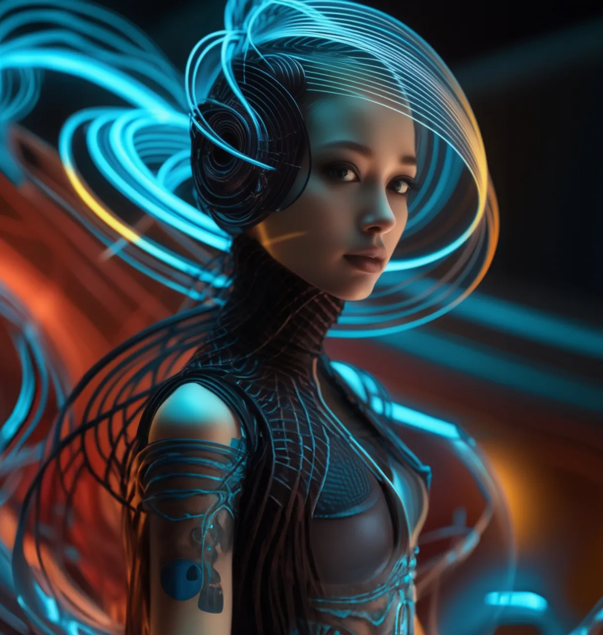 a woman with a futuristic hair style. windy, zoom, spin