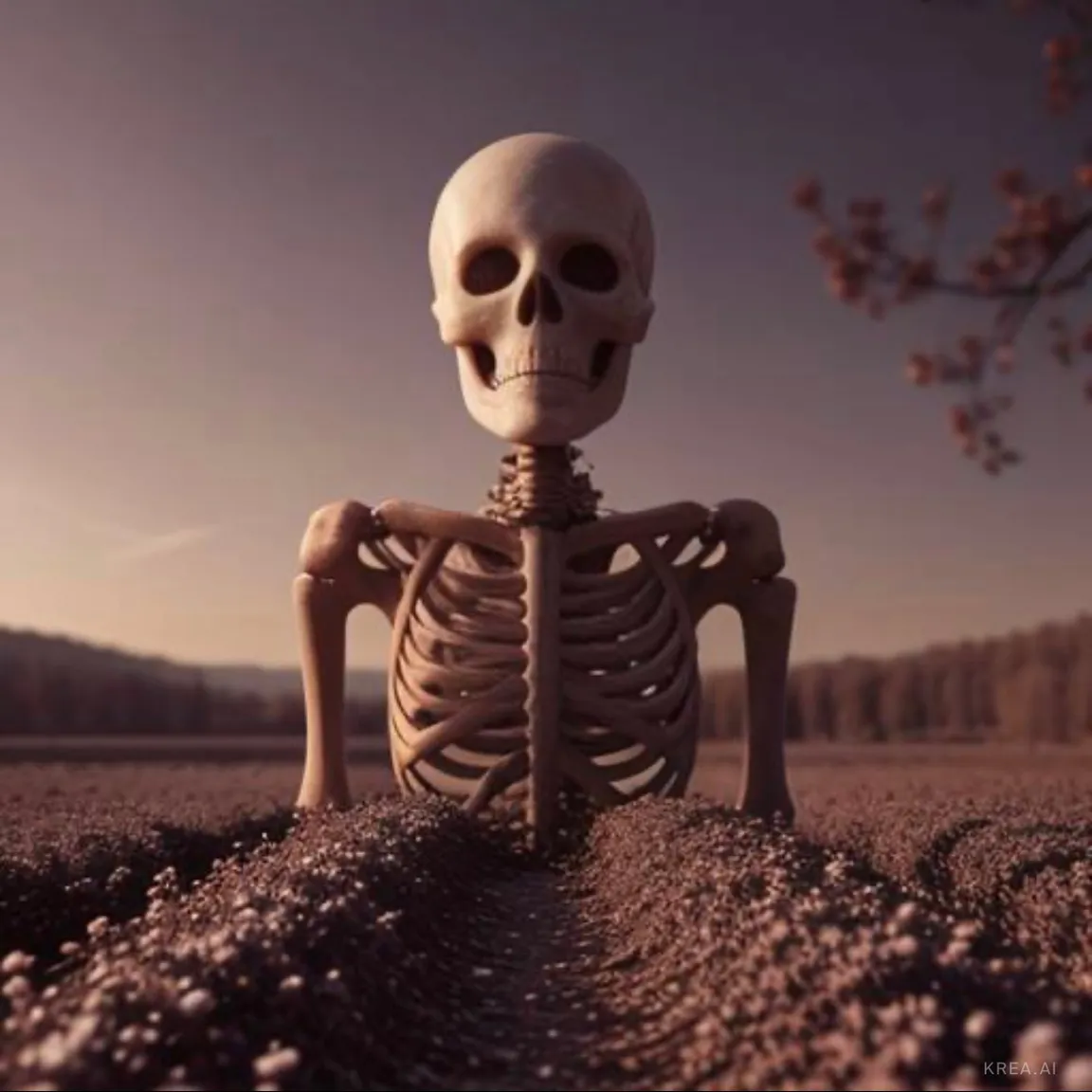 a skeleton sitting in the middle of a cherry tree forest melting in time 