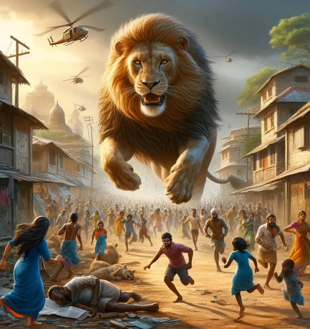 a group of people running away from giant lion