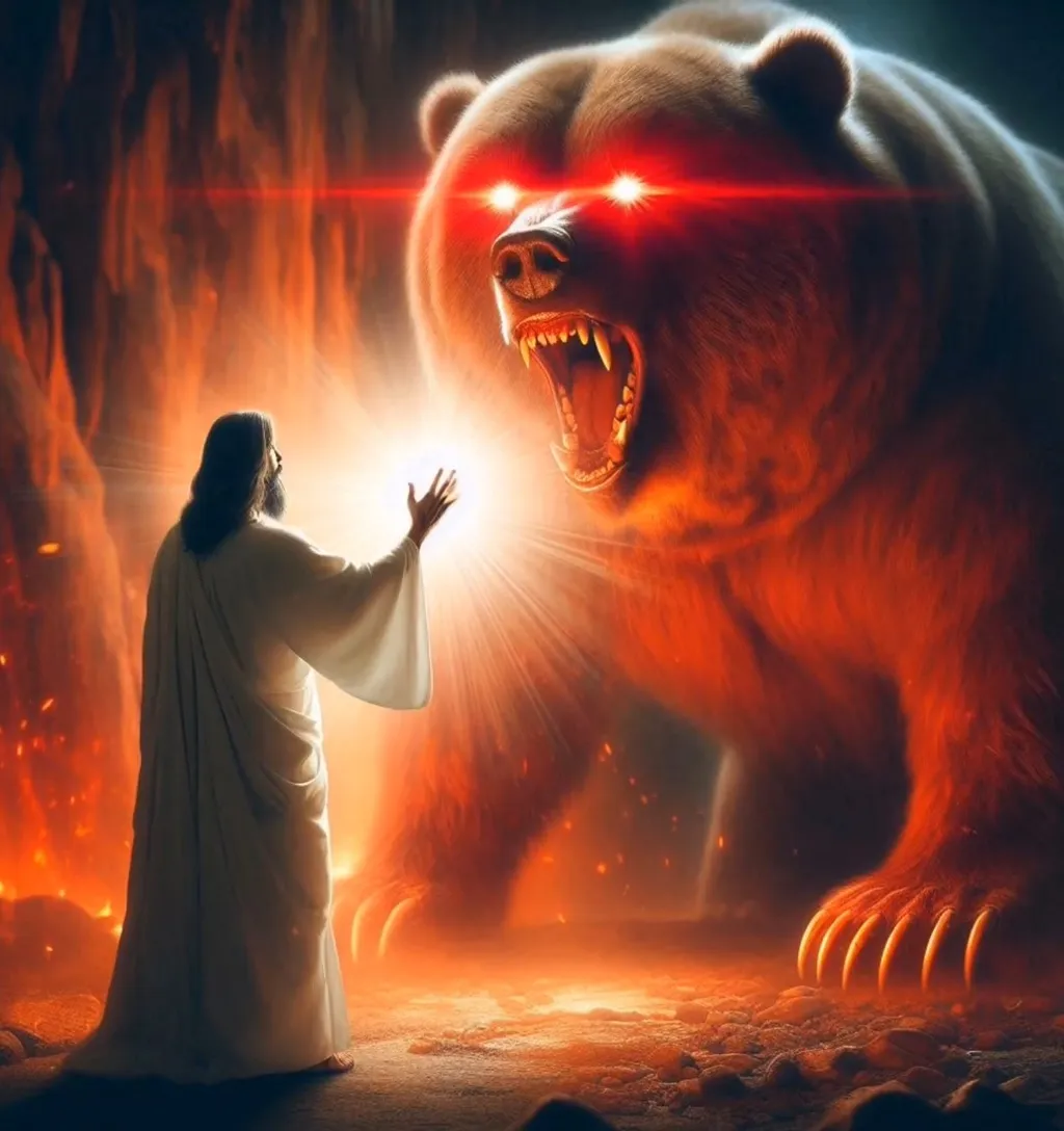 a god standing in front of a giant demonic bear