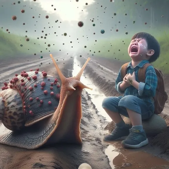 a boy sitting on the ground next to a snail