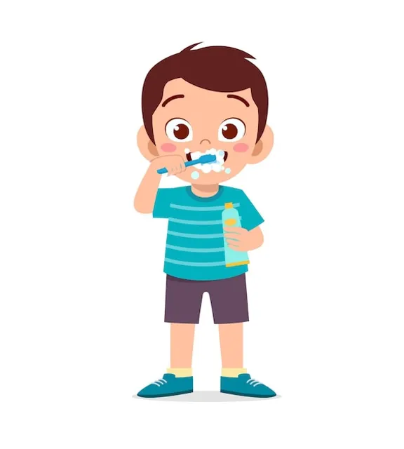 a boy brushing his teeth with a toothbrush