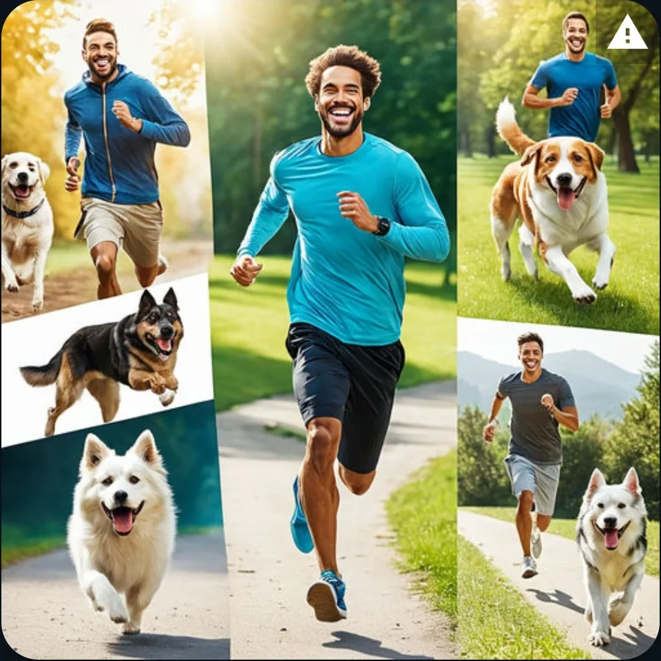 a collage of photos of a man running with his dogs