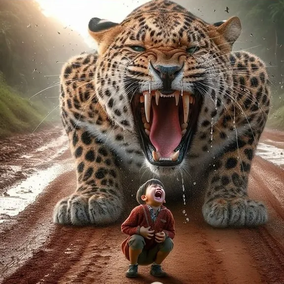 a little boy kneeling down next to a large leopard on a dirt road