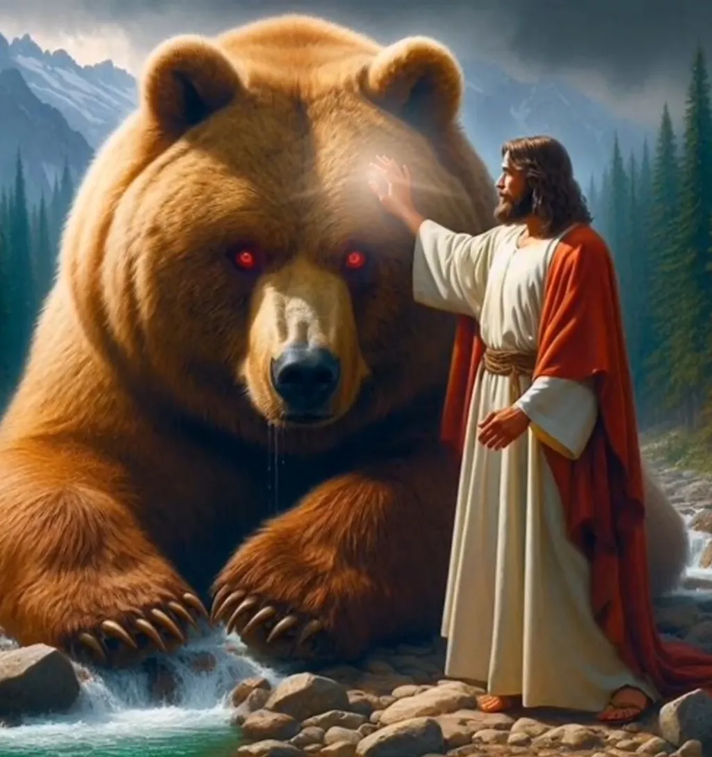 a painting of god standing next to a bear