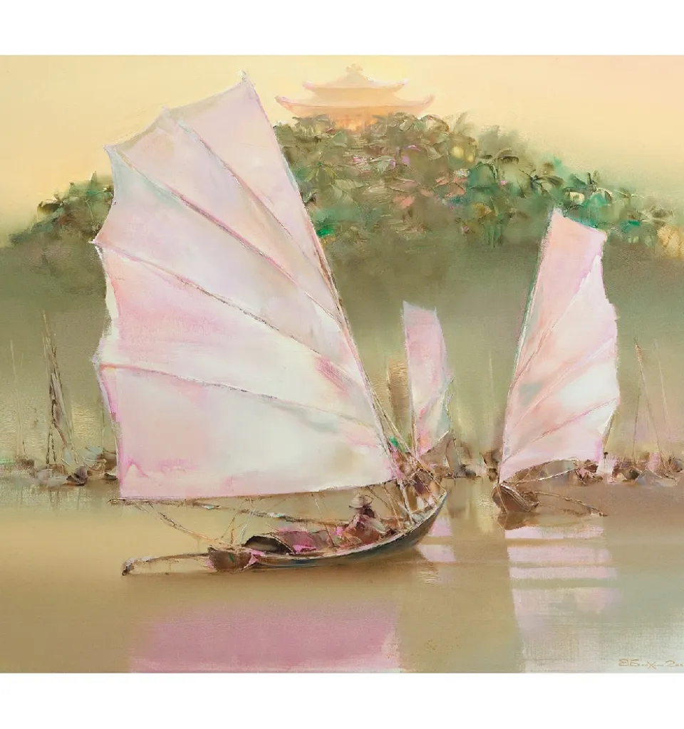 a painting of two sailboats in a body of water