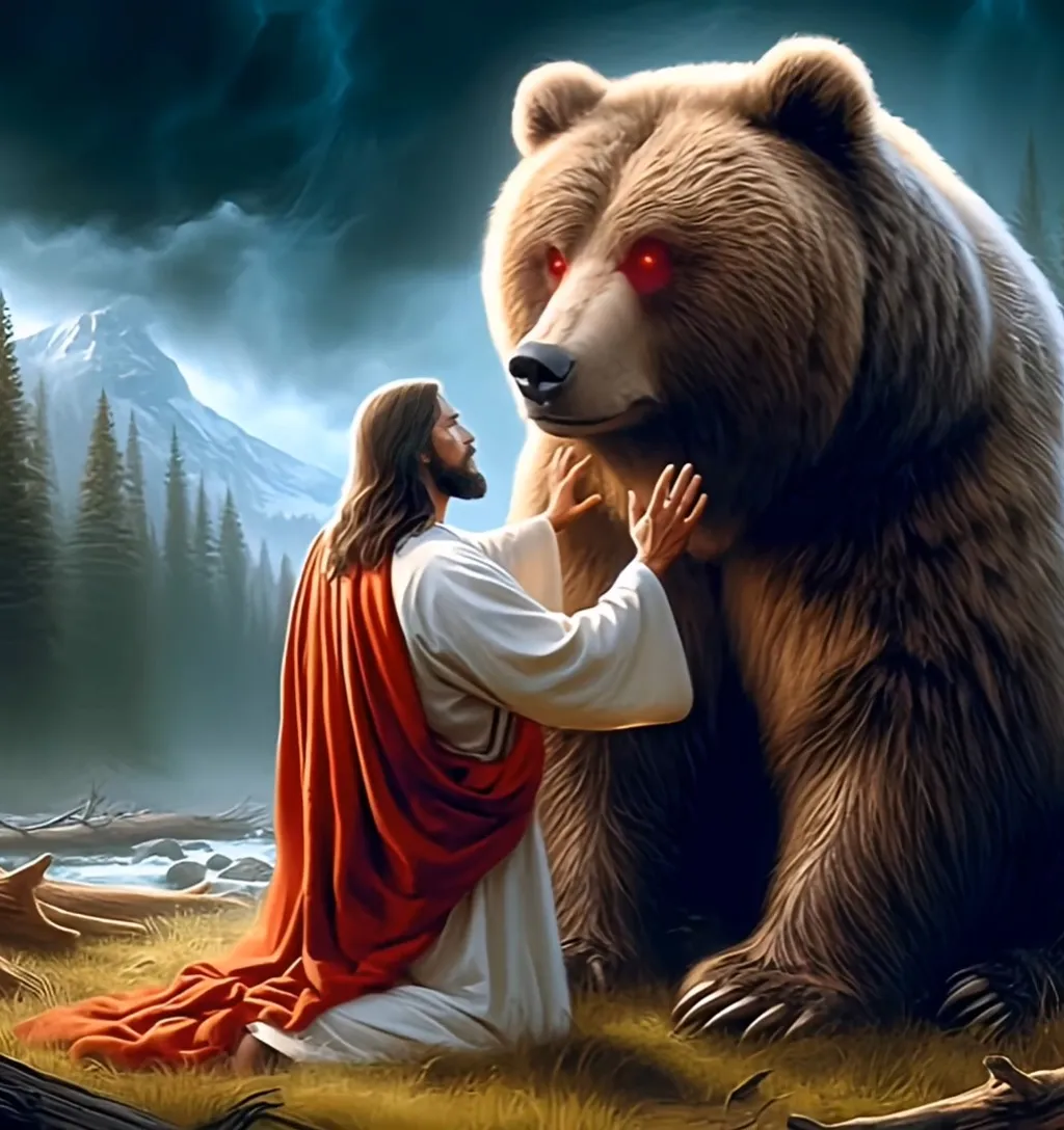 a painting of jesus and a bear in the wilderness