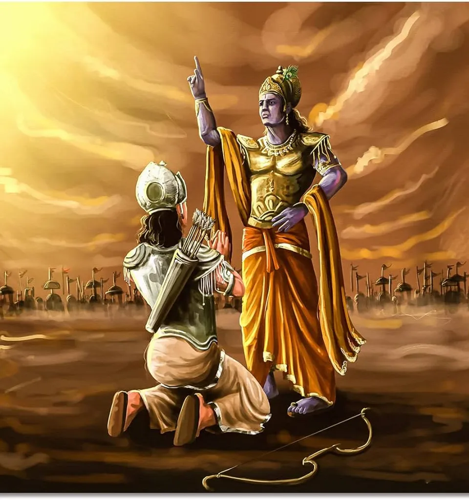  a King kneeling down next to Krishna the Hindu looard