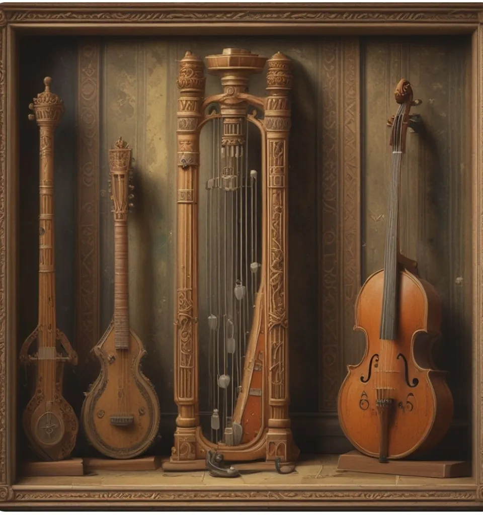 a collection of musical instruments in a wooden case