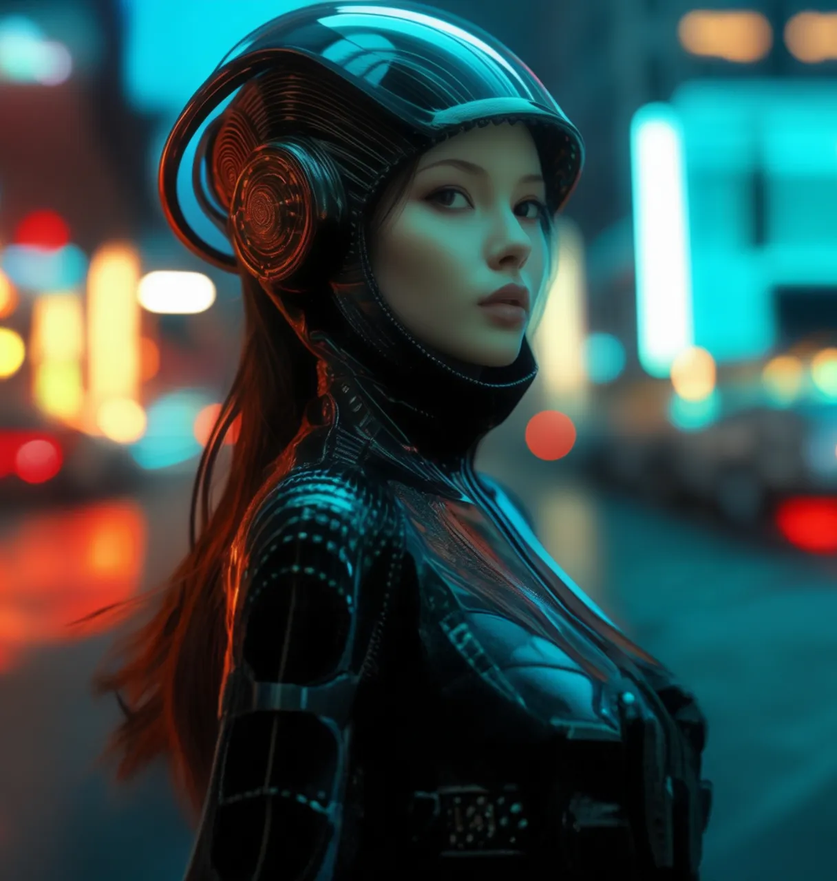 a woman dancing in a futuristic suit and helmet