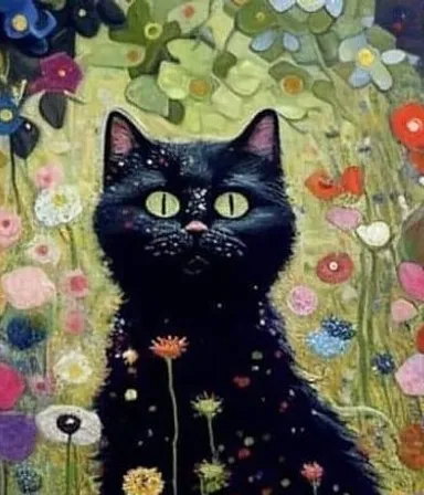 a painting of a black cat sitting in a field of flowers