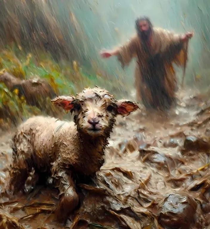 a painting of a sheep and a man in the rain