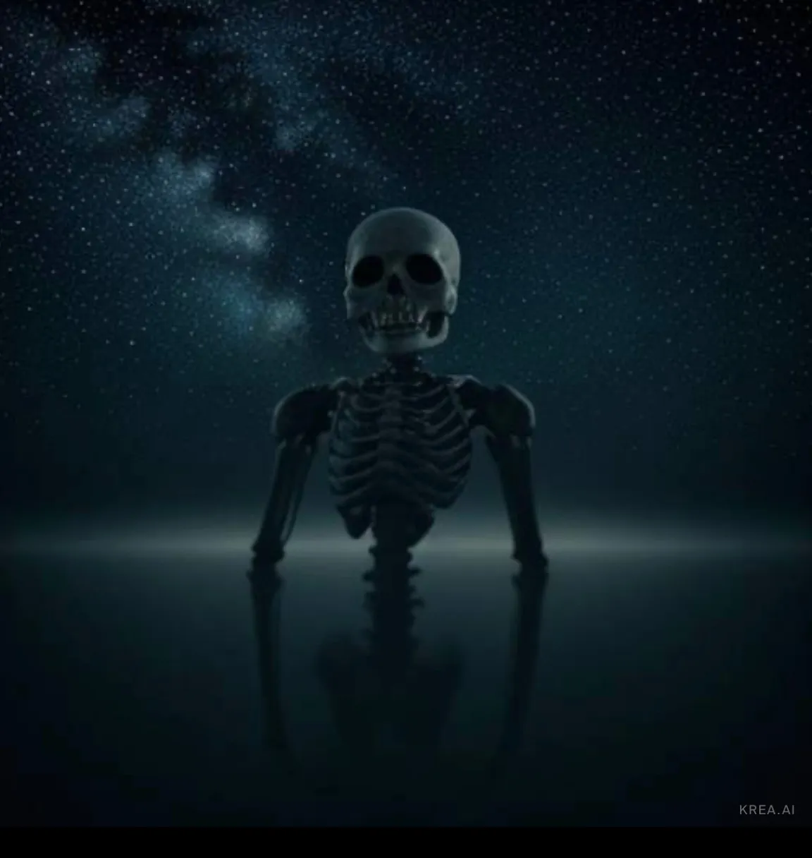 a skeleton sitting in the middle of the Space and the stars changing and shining in the back 