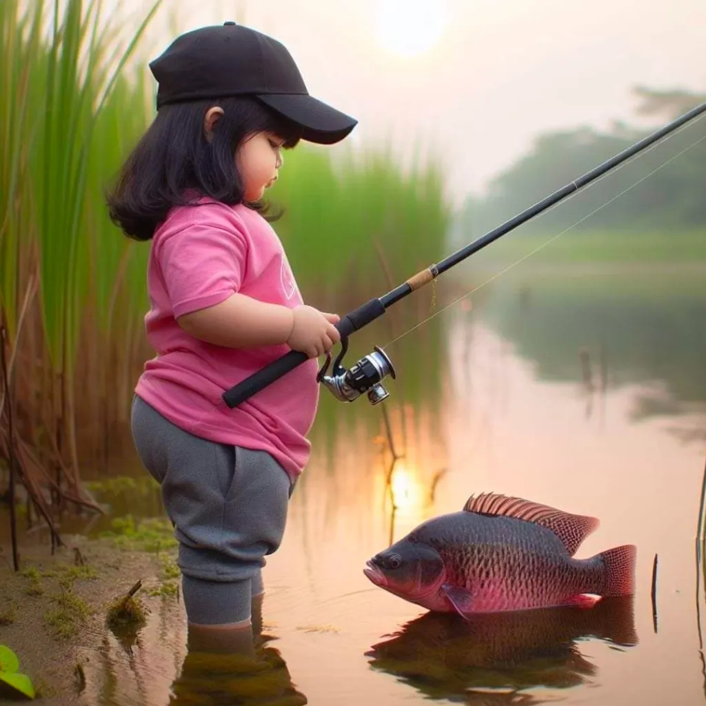 a little girl fishing a fish with a fishing rod