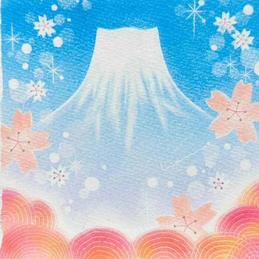 a painting of a mountain with flowers on it