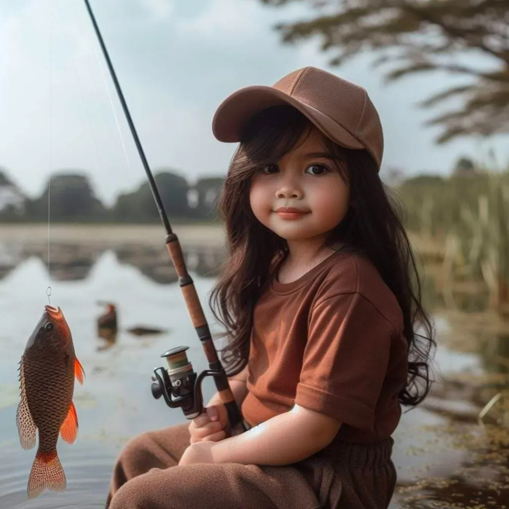 a little girl sitting on a dock with a fishing rod