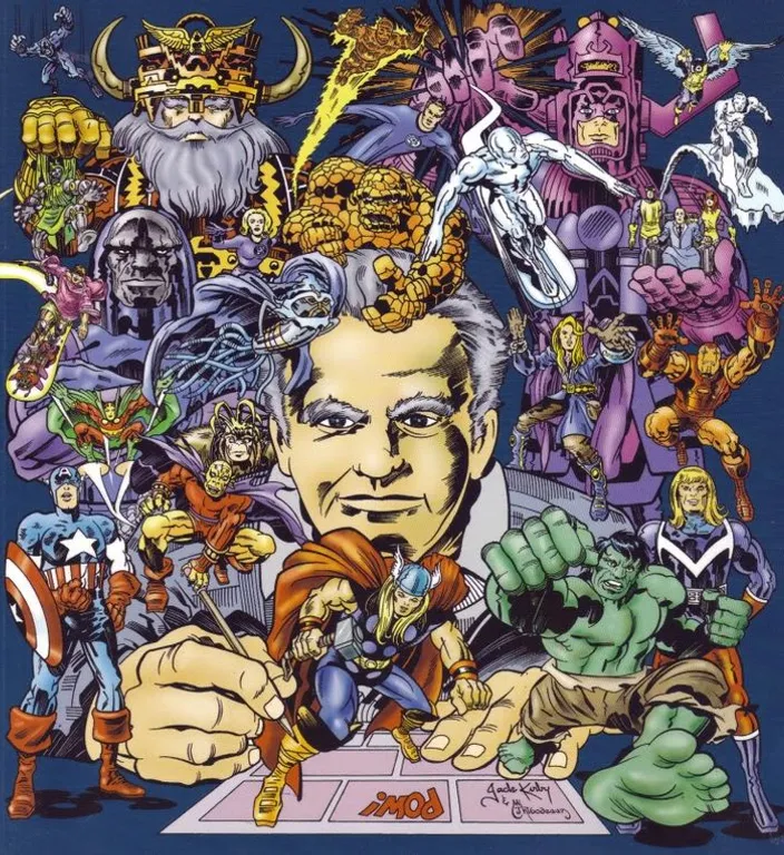 a poster of a man surrounded by a bunch of cartoon characters Jack Kirby With some of his characters tribute to Jack Kirby comic artist 