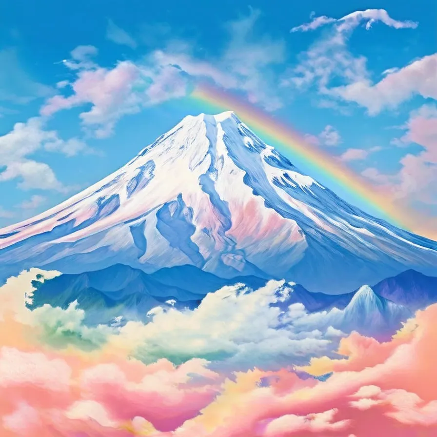 a painting of a mountain with a rainbow in the sky