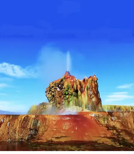 a painting of a mountain with a geyser spewing out of it