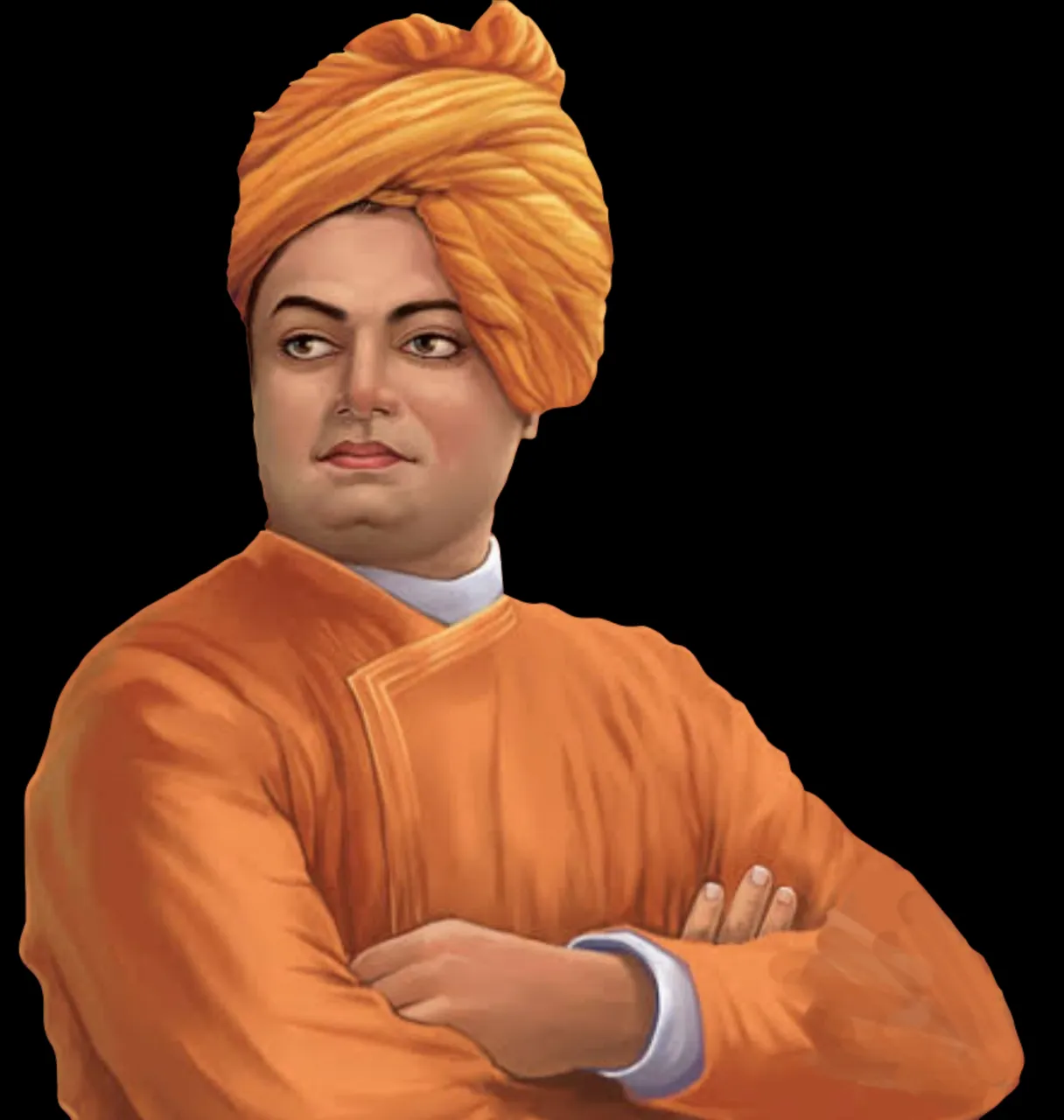 a man in an orange turban with his arms crossed looking here and there