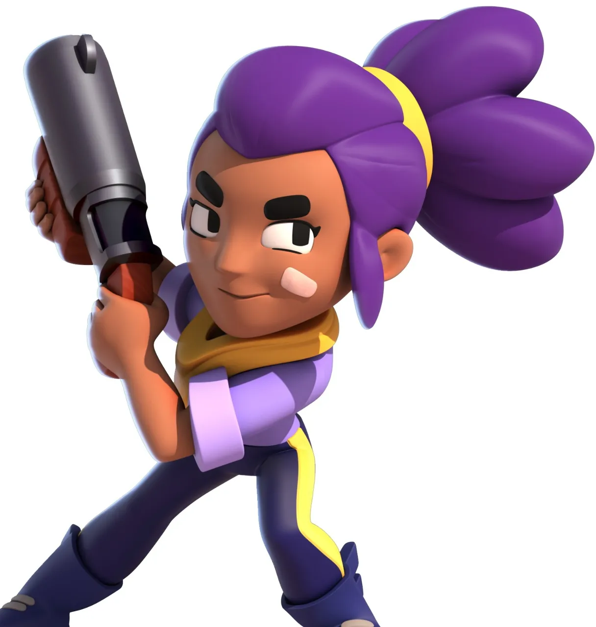 a cartoon character is holding a large gun dancing