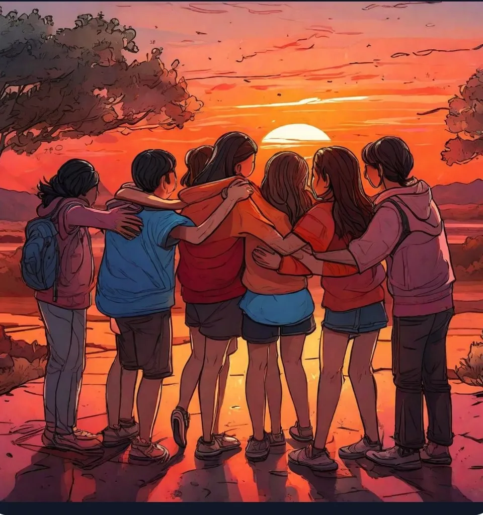 The scene ends with a spectacular sunset painted in the colors of friendship, as the group of friends hug and say goodbye, knowing that their connection will last forever.