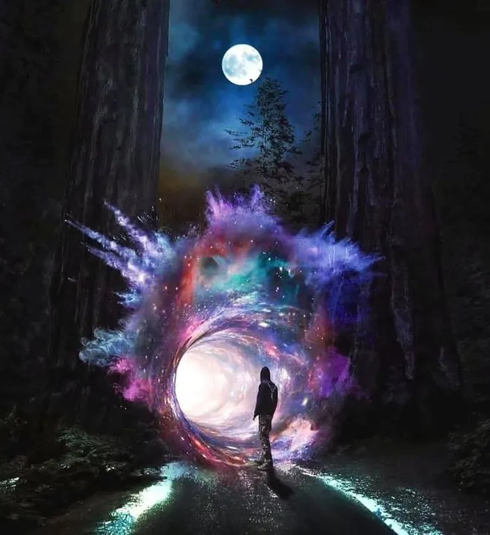 a man standing in the middle of a forest under a full moon