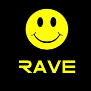 a yellow smiley face with the word rave