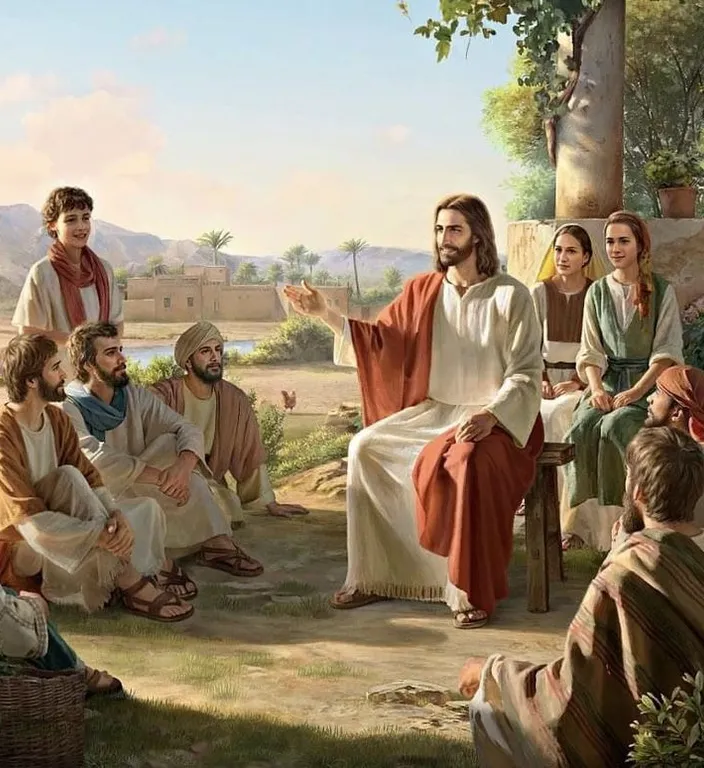 a painting of jesus talking to a group of people