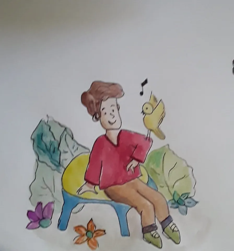 a drawing of a person sitting on a bench