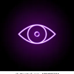 a purple neon eye icon on a black background