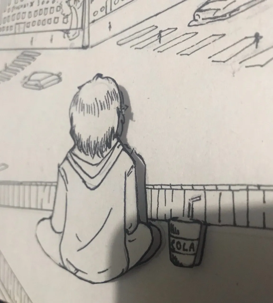 a drawing of a person sitting on a bench