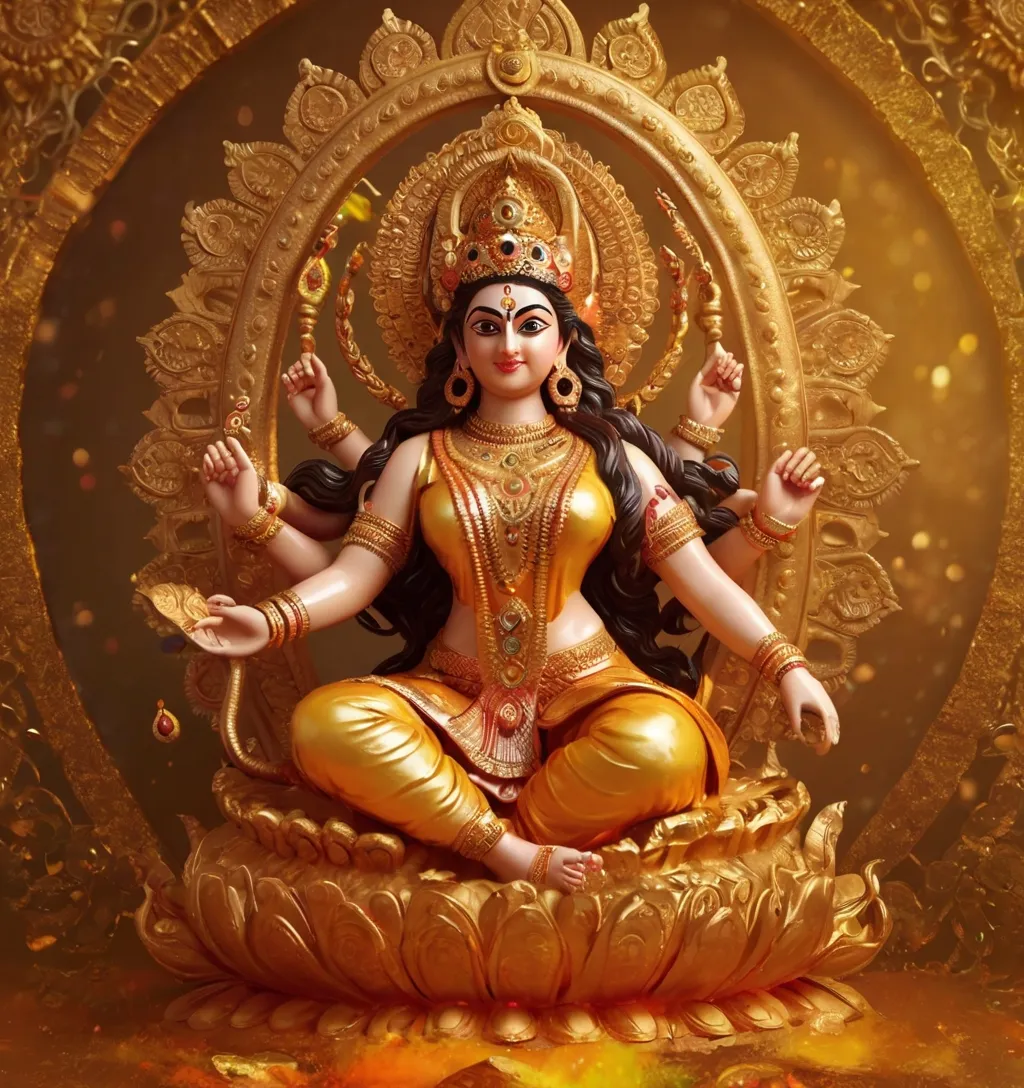 Create god Durga with golden background, 8k, size of 1920x1080, colorful