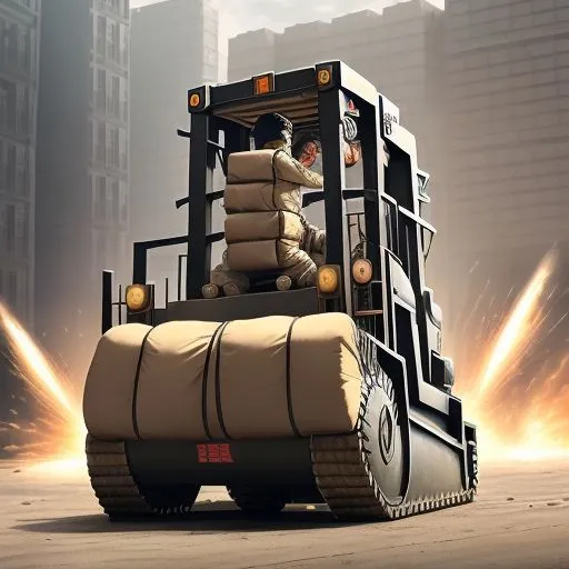 a man with a cape and helmet riding on the back of a forklift reinforced with tank treads