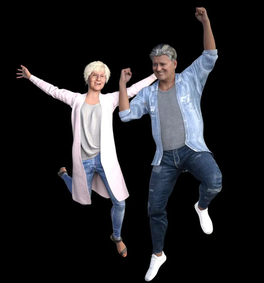 An in-house couple jumping for joy, white hair, in a beautiful garden. hyperréaliste , advertising style