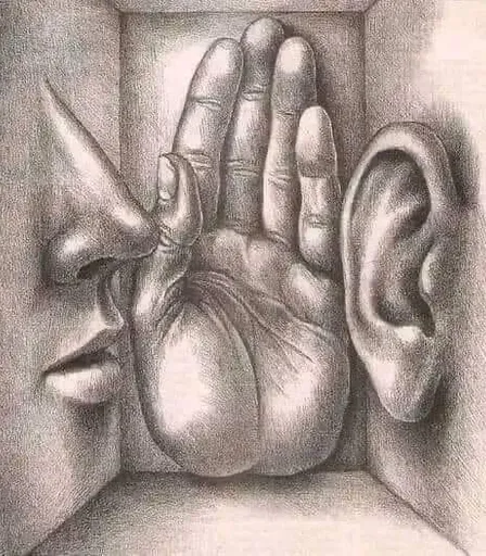 a pencil drawing of a person's hand and ear