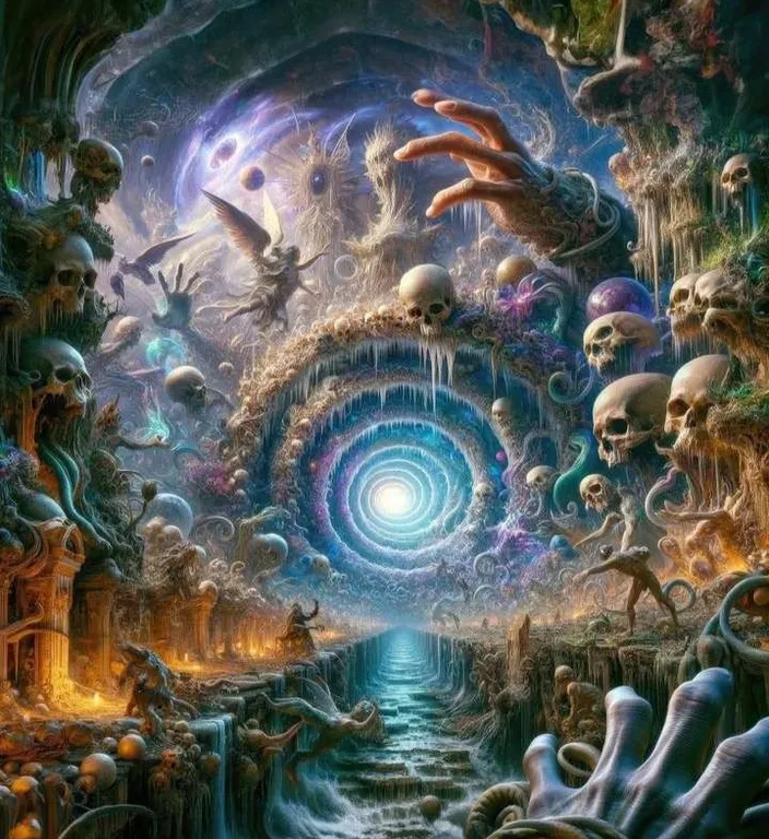 a painting of a surreal scene with skulls and other things