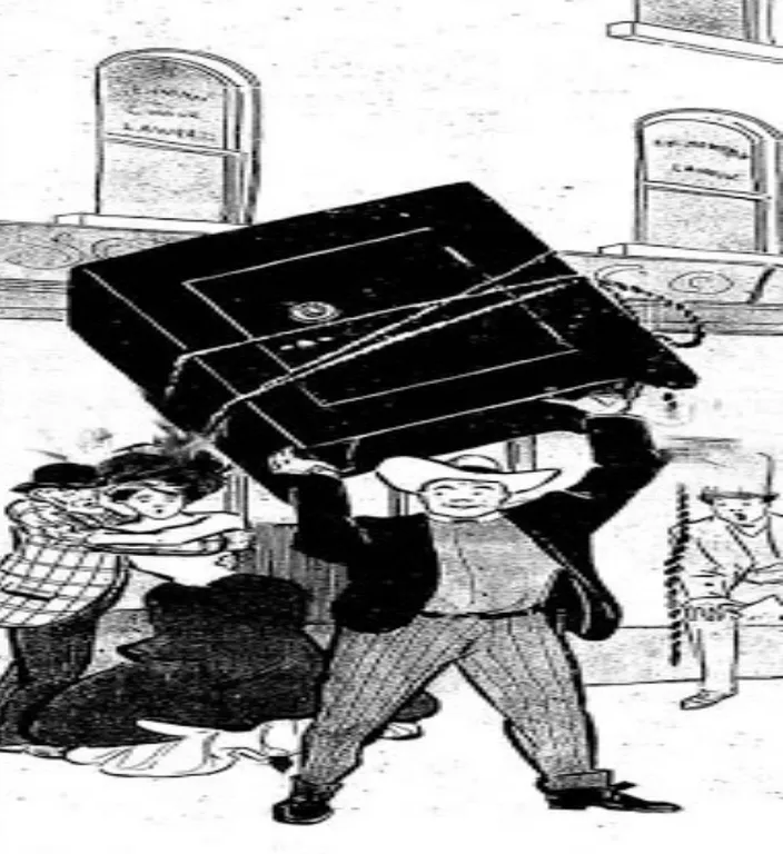 Man with cowboy hat grabbing a box that is falling from a window to help a damsel in distress who is ducking scared of an older man same image two feet two hands