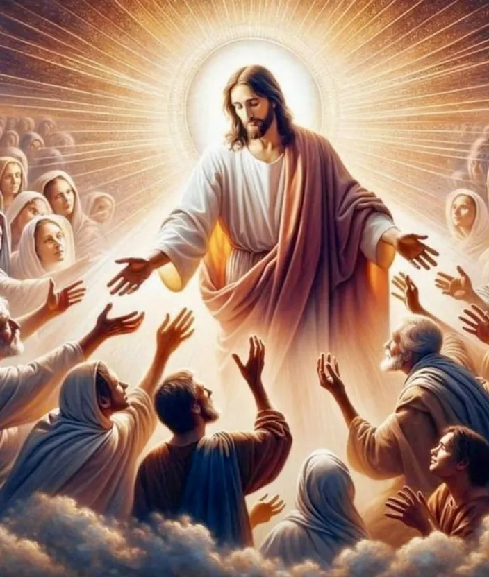 a painting of jesus surrounded by many people