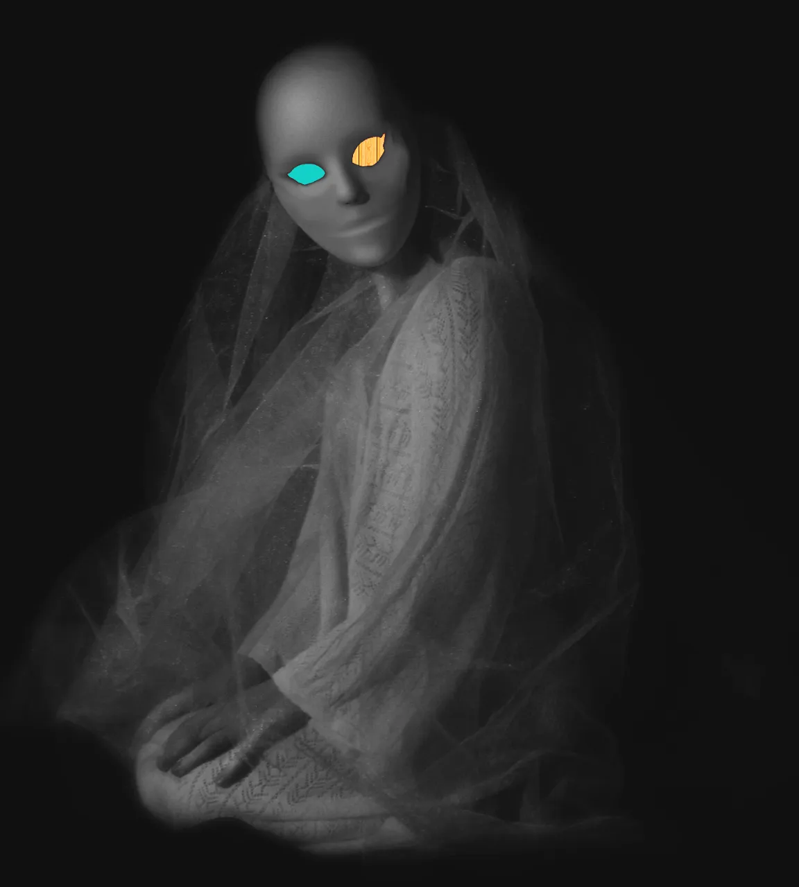 a white mannequin wearing a veil and glowing eyes